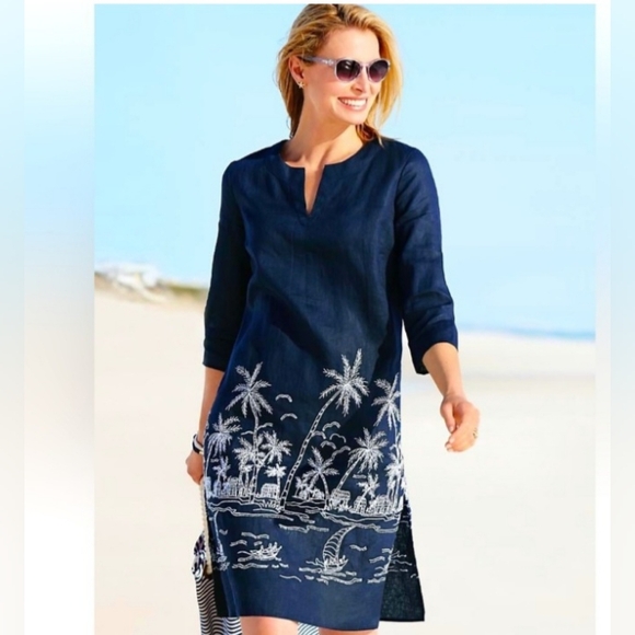 Talbots Dress Blue 100% Linen Embroidered Palm Trees Sailboat Beach Size L - Picture 15 of 15